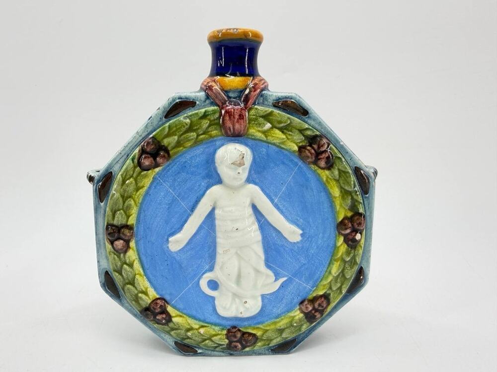 Glazed Ceramic Pilgrim Flask Bottle Raised Saint Figure Blue Green Folk Art